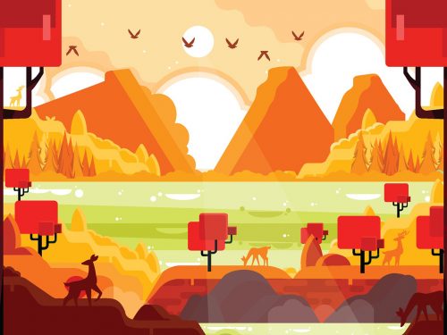 Flora and Fauna Landscape in Autumn Illustration