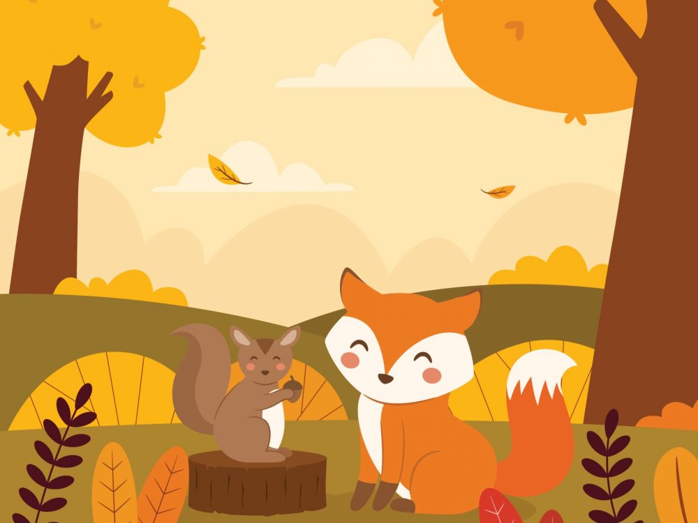 Flora and Fauna Landscape in Autumn Illustration