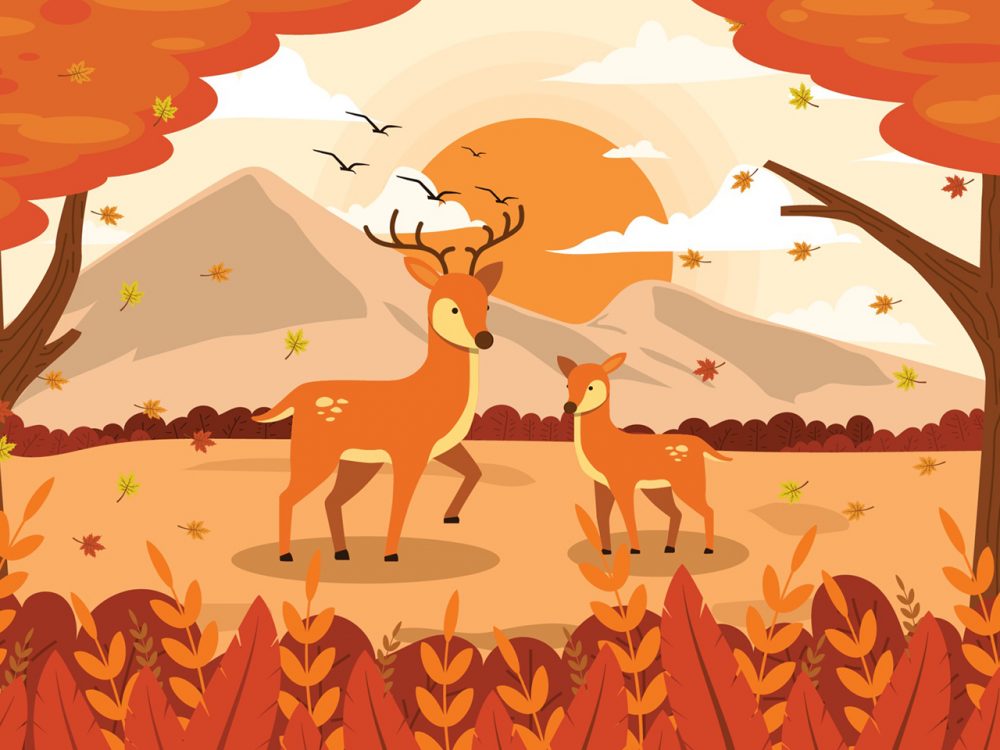 Flora and Fauna Landscape in Autumn Illustration