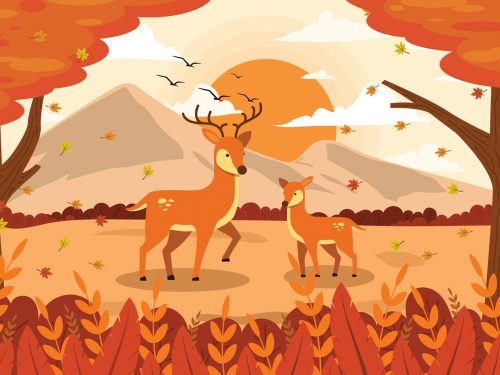 Flora and Fauna Landscape in Autumn Illustration