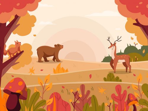 Flora and Fauna in Autumn Forest Illustration