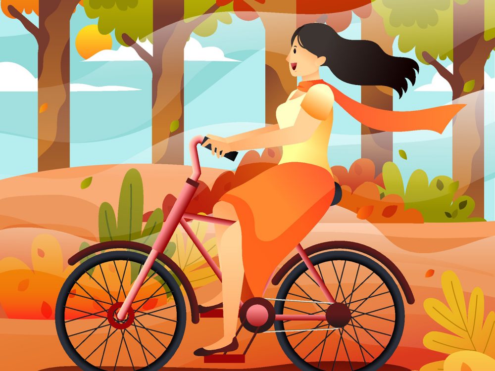 Happy Woman Riding Bike in Autumn Illustration
