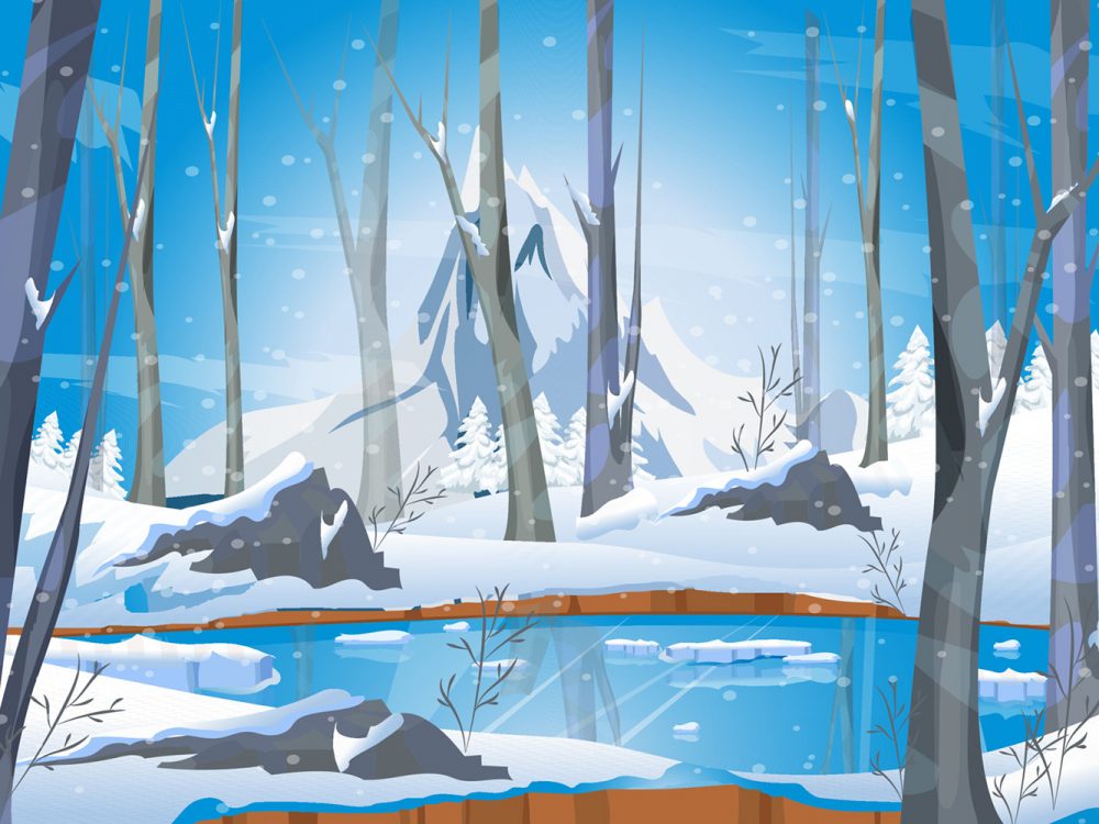 Winter Landscape with Lake in Forest Illustration