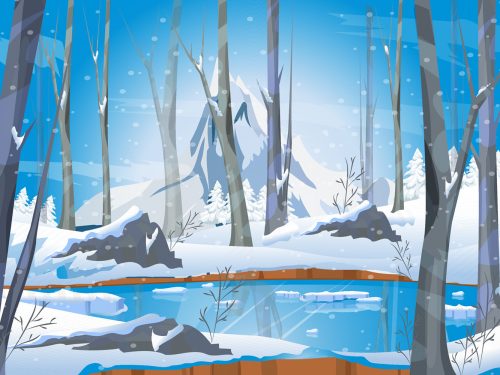 Winter Landscape with Lake in Forest Illustration