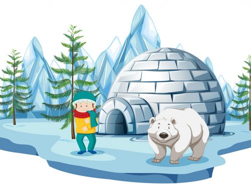 Arctic Scene with Boy and Polar Bear by Igloo Illustration
