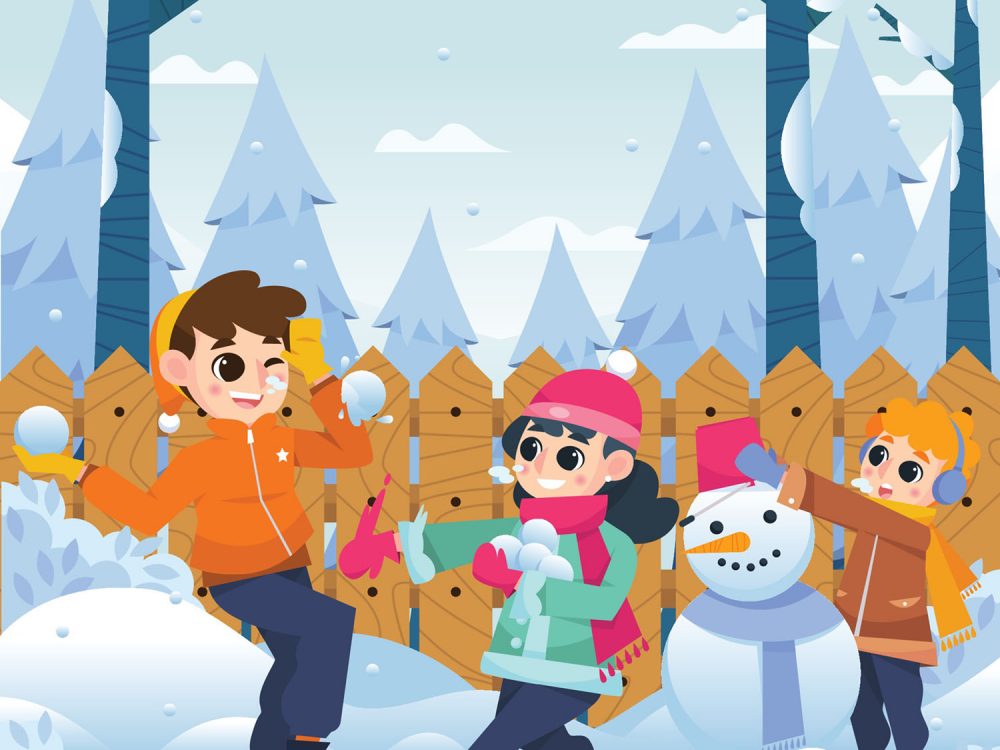 Happy Kids Playing in a Winter Illustration