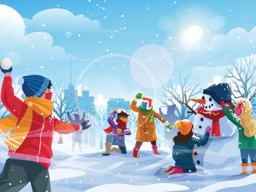 Happy Kids Playing in a Winter Illustration