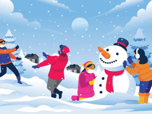 Happy Kids Playing in a Winter Illustration