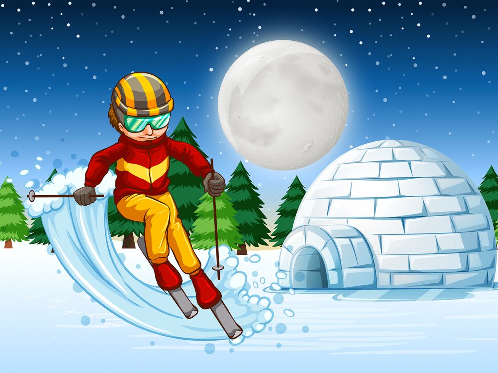 Man Ski at Winter Night Illustration