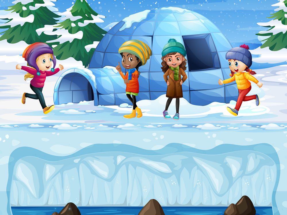Young Girls Playing in front of Igloo Illustration