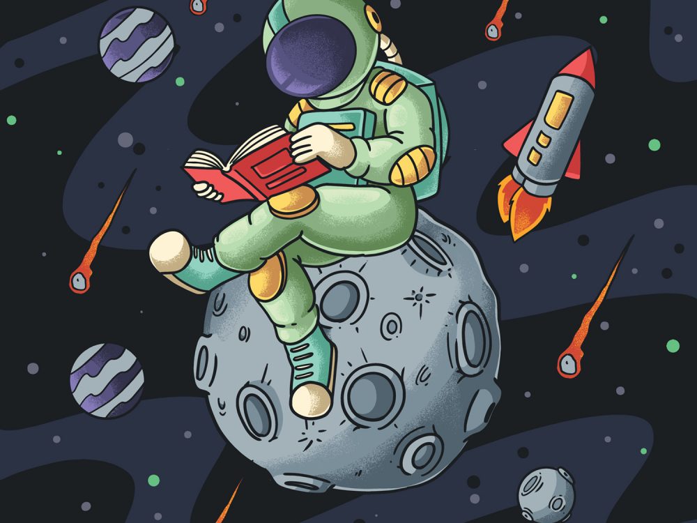 Astronaut Reading a Book in Space Illustration