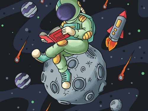 Astronaut Reading a Book in Space Illustration