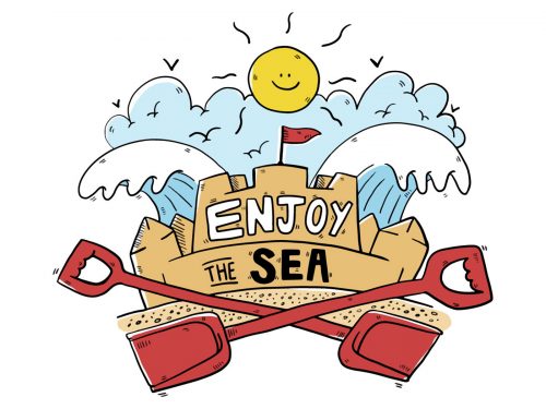 Cute Beach Scene With Happy Sun Illustration