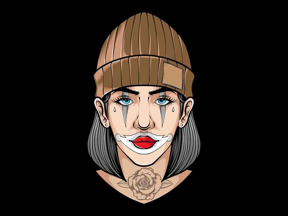 Clown Women with Rose Tattoo Illustration