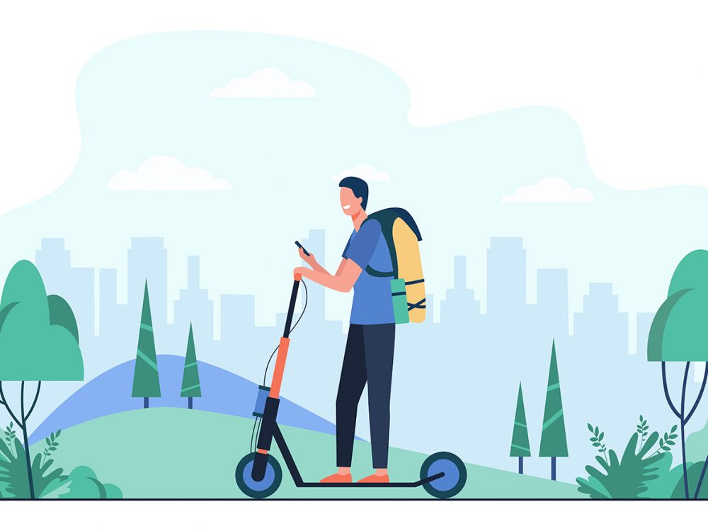 Happy Smiling Man Riding Kick Scooter Illustration