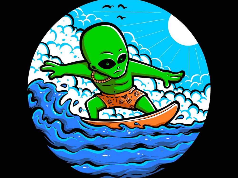 Alien Surfing on Wave Free Vector Illustration