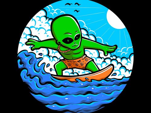 Alien Surfing on Wave Free Vector Illustration