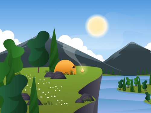 Spring Landscape with Camping in Tent and Mountains Illustration
