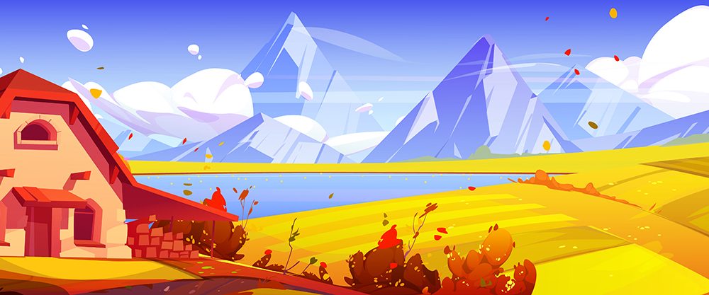 Countryside Autumn Panorama with Stone Farm House