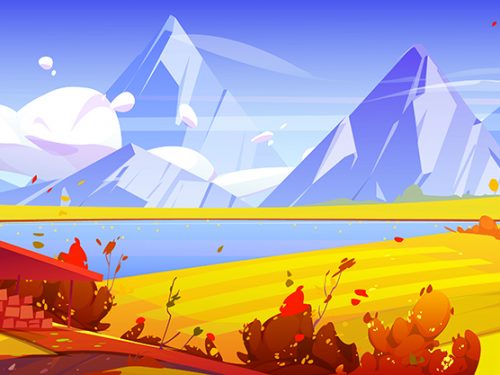 Countryside Autumn Panorama with Stone Farm House