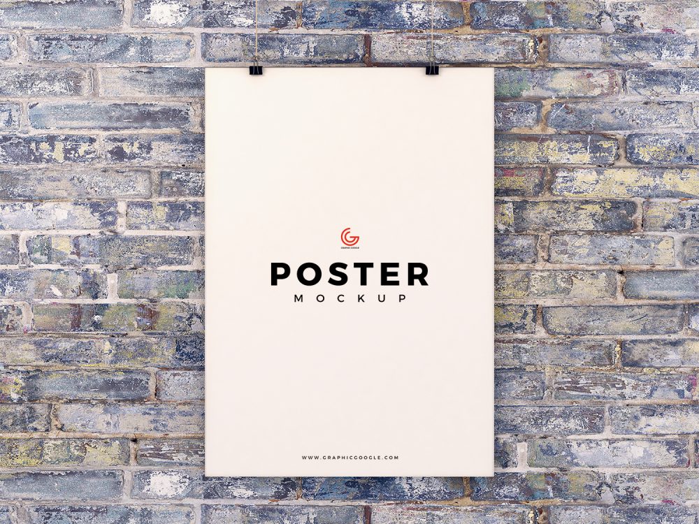 Free Poster Hanging on Brick Wall Mockup