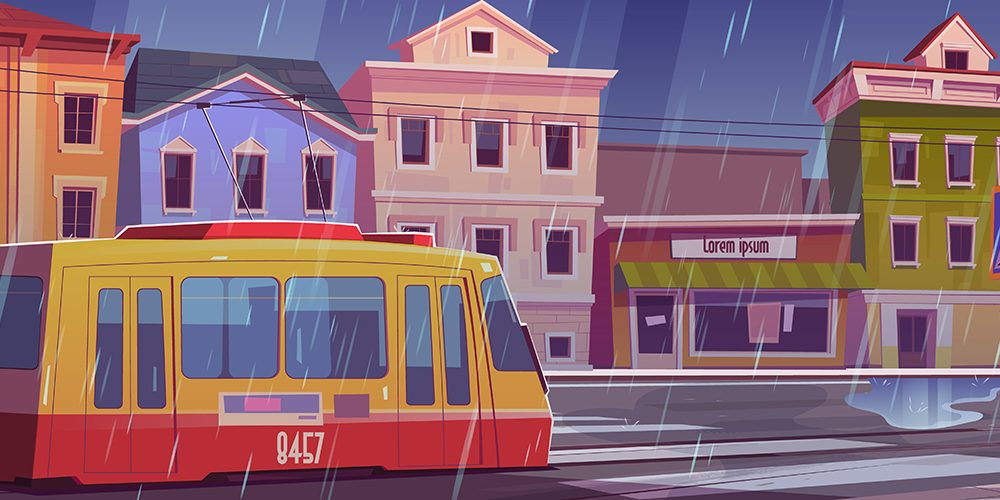 Rain on City Street Illustration