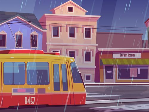 Rain on City Street Illustration