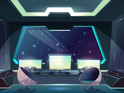 Space Ship Cockpit Interior in Outer Space Background