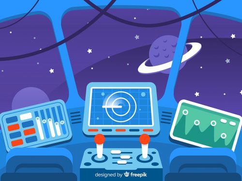 Space Ship Cockpit Interior in Outer Space Background