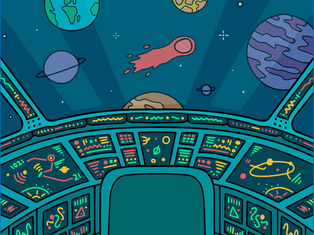 Space Ship Cockpit Interior in Outer Space Background