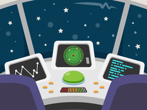 Space Ship Cockpit Interior in Outer Space Background