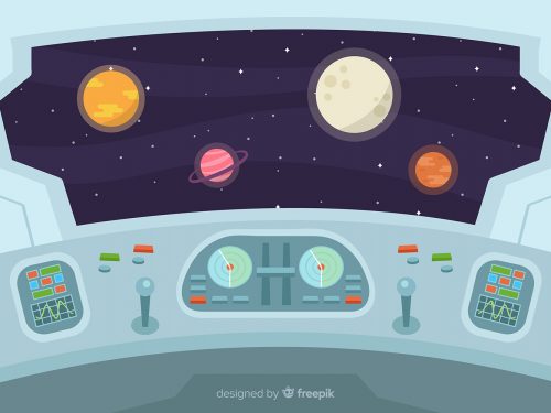 Space Ship Cockpit Interior in Outer Space Background