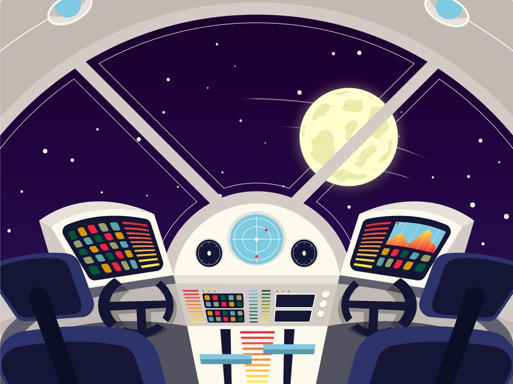 Space Ship Cockpit Interior in Outer Space Background