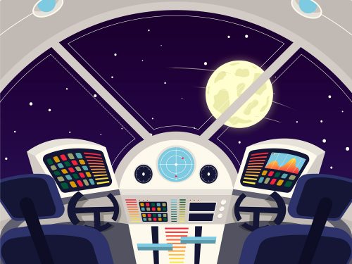 Space Ship Cockpit Interior in Outer Space Background