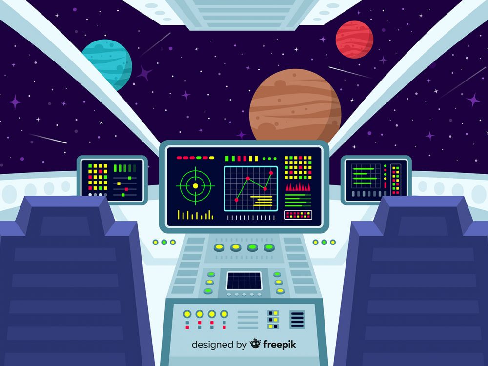 Space Ship Cockpit Interior in Outer Space Background