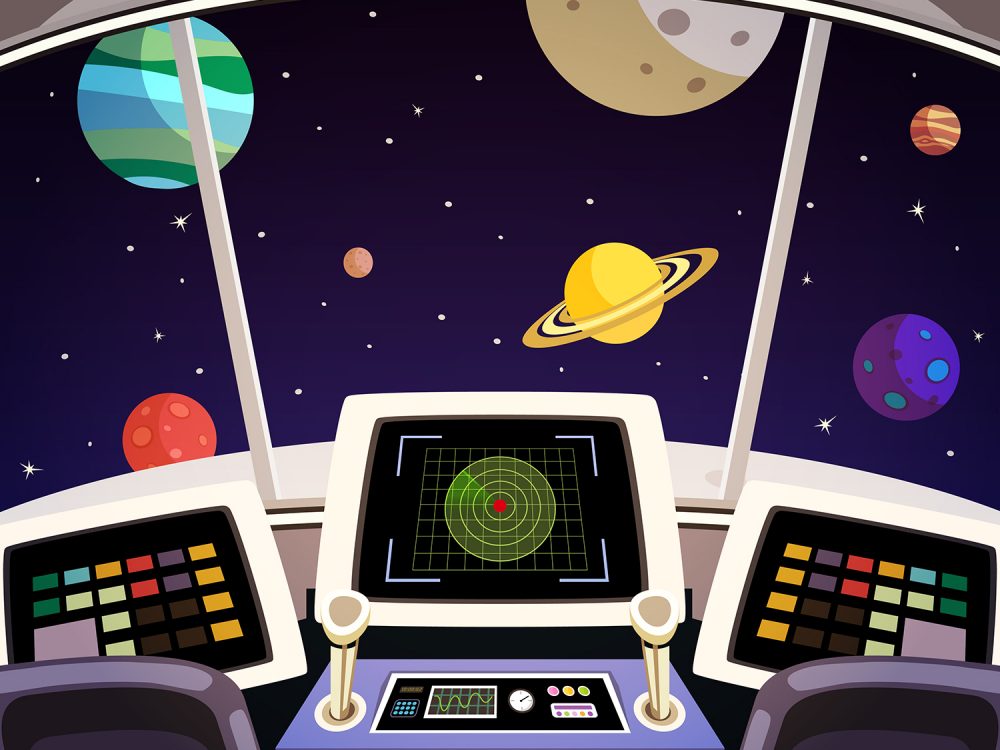 Space Ship Cockpit Interior in Outer Space Background