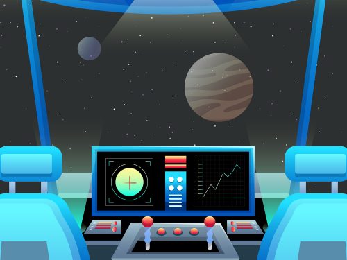 Space Ship Cockpit Interior in Outer Space Background