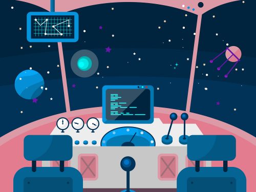 Space Ship Cockpit Interior in Outer Space Background