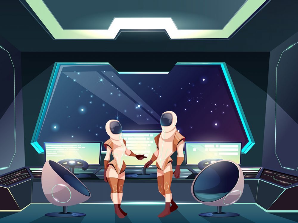 Space Ship Cockpit Interior in Outer Space Background