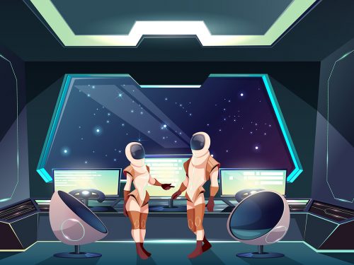 Space Ship Cockpit Interior in Outer Space Background