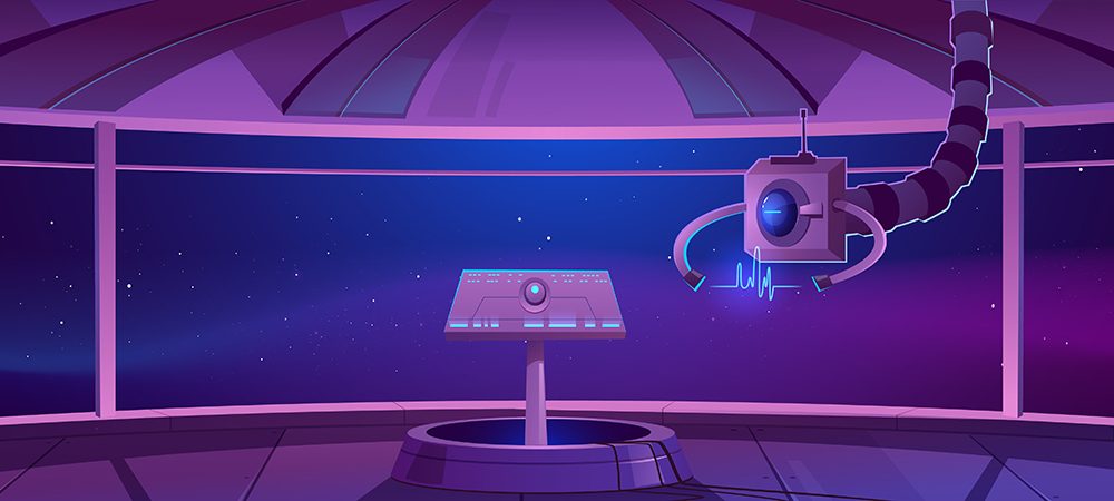 Space Ship Cockpit Interior in Outer Space Background