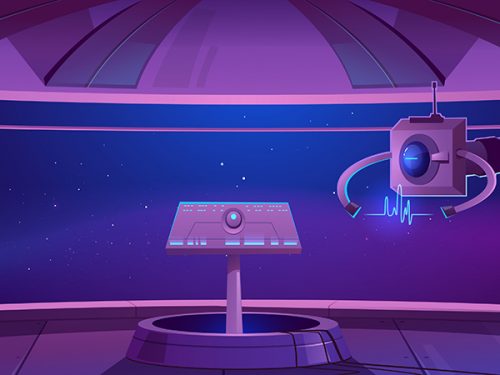 Space Ship Cockpit Interior in Outer Space Background