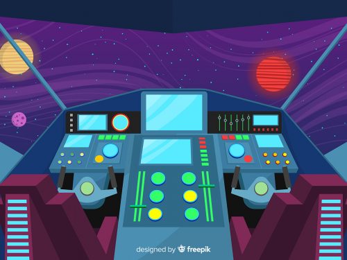 Space Ship Cockpit Interior in Outer Space Background