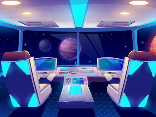 Space Ship Cockpit Interior in Outer Space Background
