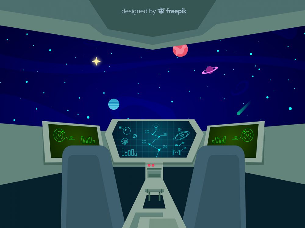 Space Ship Cockpit Interior in Outer Space Background