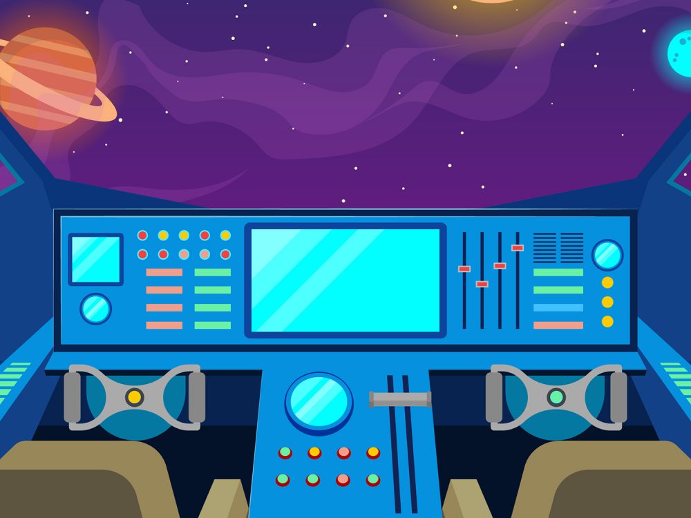 Space Ship Cockpit Interior in Outer Space Background