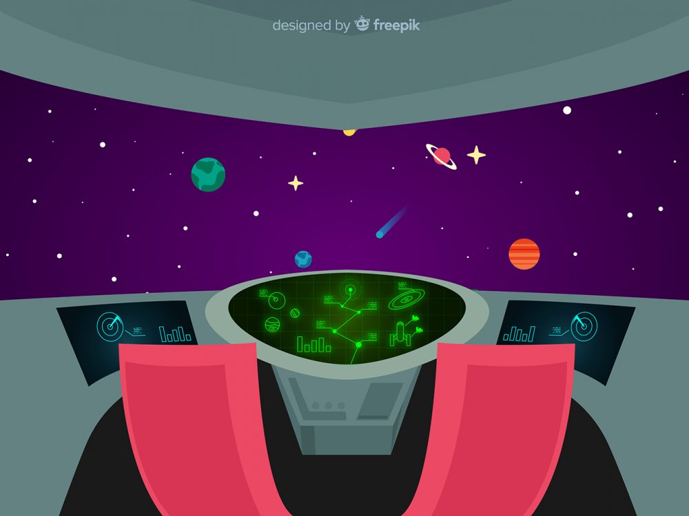 Space Ship Cockpit Interior in Outer Space Background