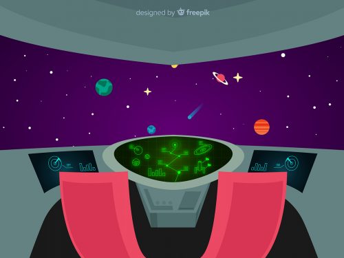 Space Ship Cockpit Interior in Outer Space Background