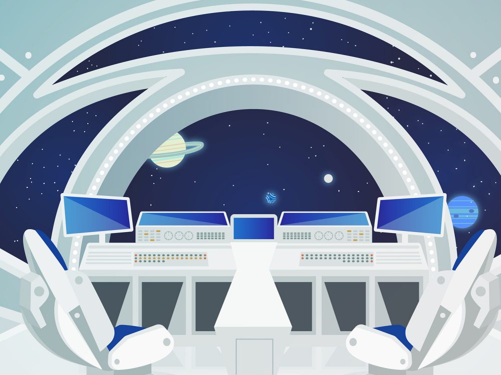 Space Ship Cockpit Interior in Outer Space Background