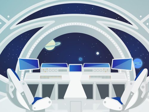 Space Ship Cockpit Interior in Outer Space Background